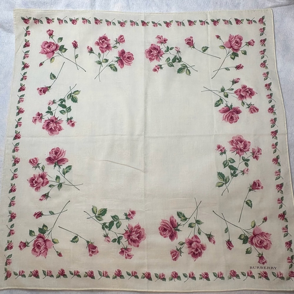 Vtg BURBERRY Scarf Handkerchief Rose Floral Jacquard Cream Pink Green 22"